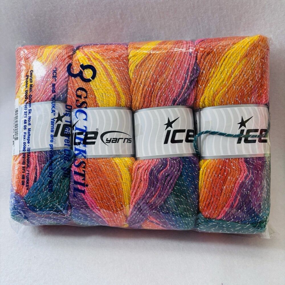 4 Skeins 100 gr ICE YARN Magic Glitz 22056 Vibrant Colors And Silver Metallic